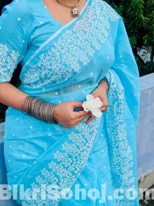 Half silk block print sharee